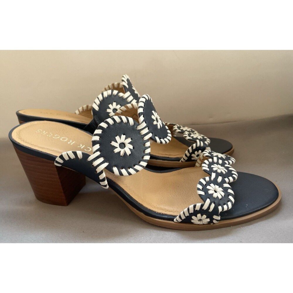 Jack Rogers Navy & White Floral Lauren Mid Heel Sandal Slip On Size 10M Brazil